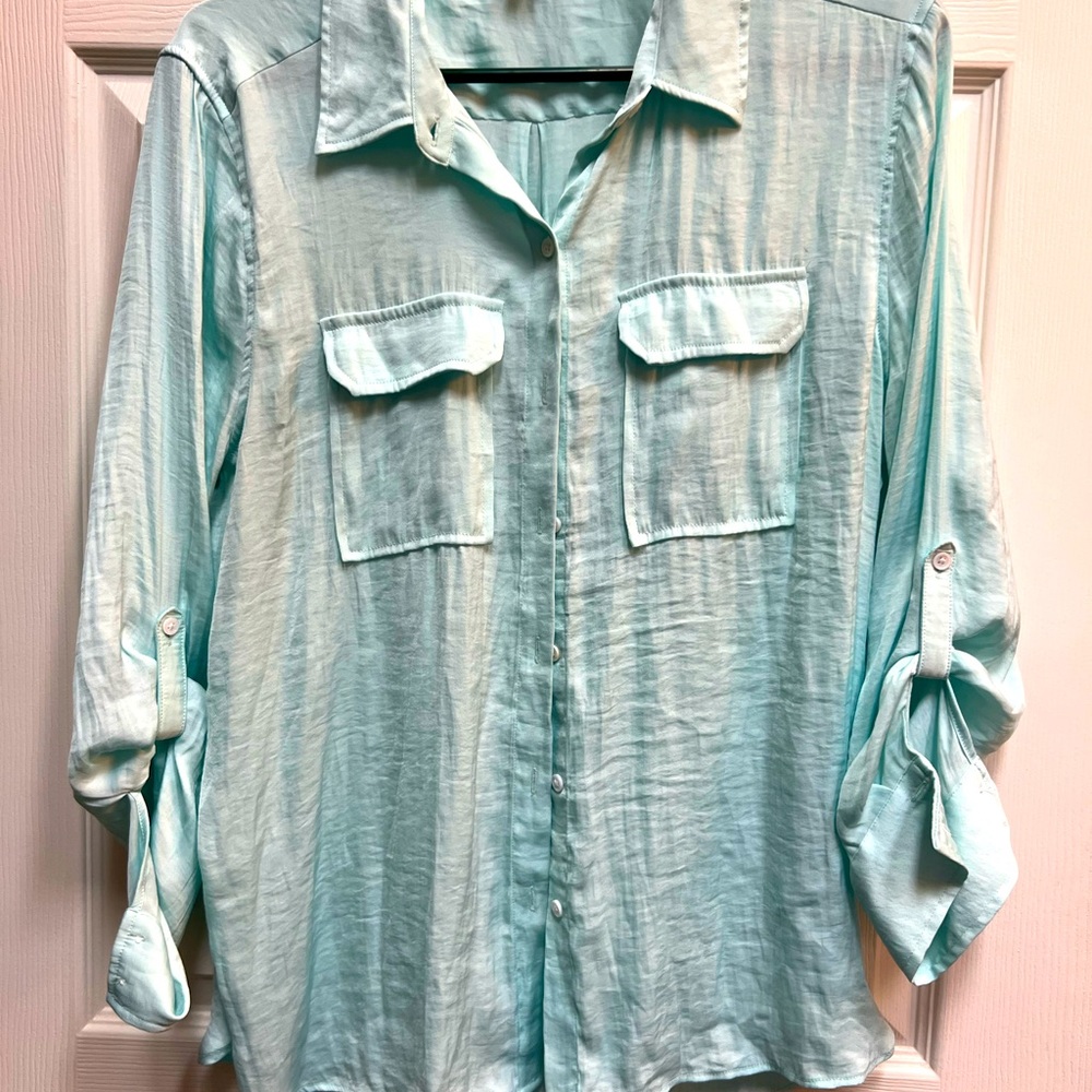 Vince Camuto silky aqua blue blouse petite L